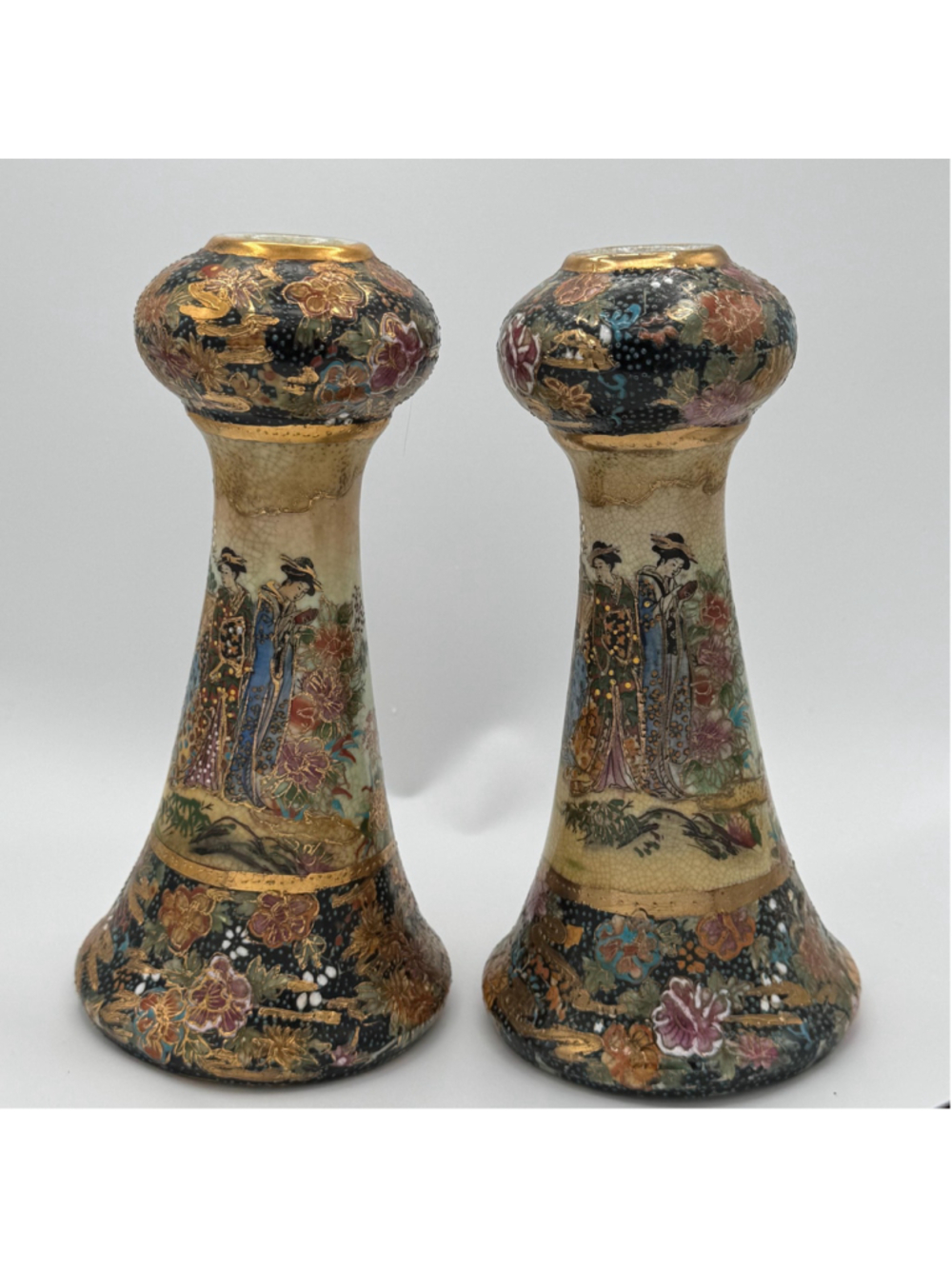 Vintage Satsuma Style Hand Painted Candlesticks Pair | Moriage Gold Geisha Flora